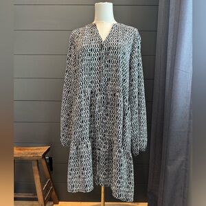 Nine West Black and White Monochrome Long Sleeve Elastic Cuff Tiered Dress XL